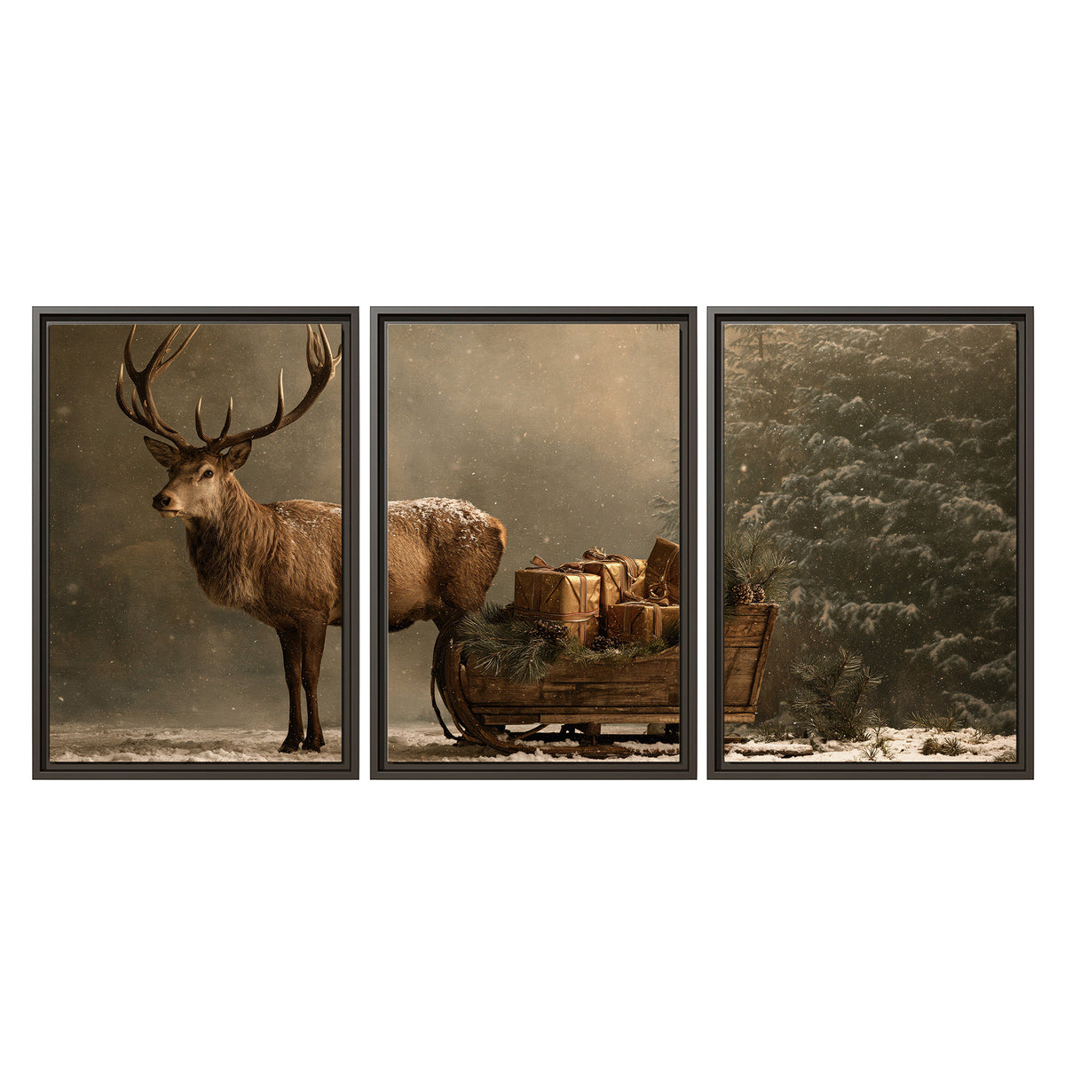 A stag beside a rustic gift-filled sleigh in a misty evergreen woodland 3 piece framed canvas wall art viewed straight on