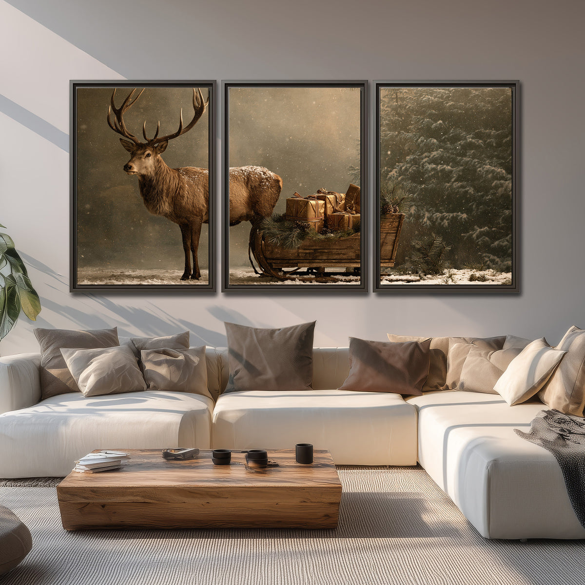 A stag beside a rustic gift-filled sleigh in a misty evergreen woodland 3 piece framed canvas wall art displayed in a living room