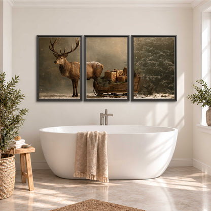 A stag beside a rustic gift-filled sleigh in a misty evergreen woodland 3 piece framed canvas wall art styled in an interior