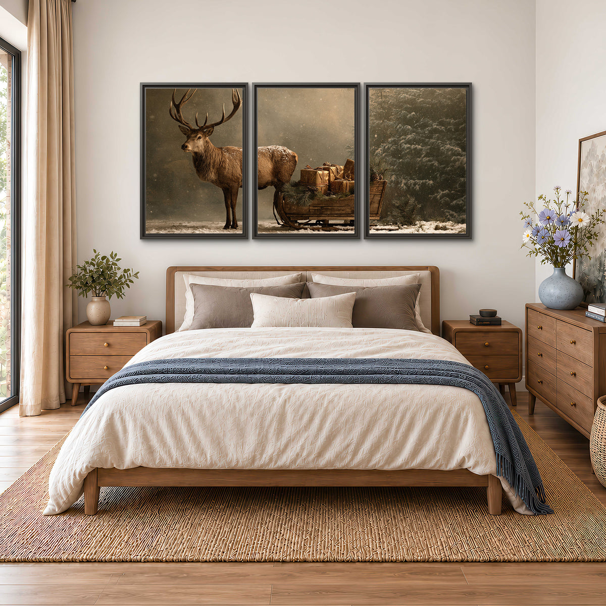 A stag beside a rustic gift-filled sleigh in a misty evergreen woodland 3 piece framed canvas wall art styled in an interior