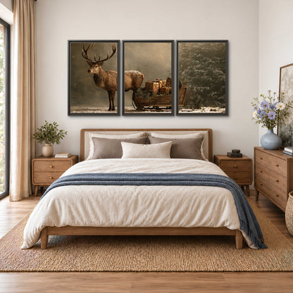 A stag beside a rustic gift-filled sleigh in a misty evergreen woodland 3 piece framed canvas wall art styled in an interior