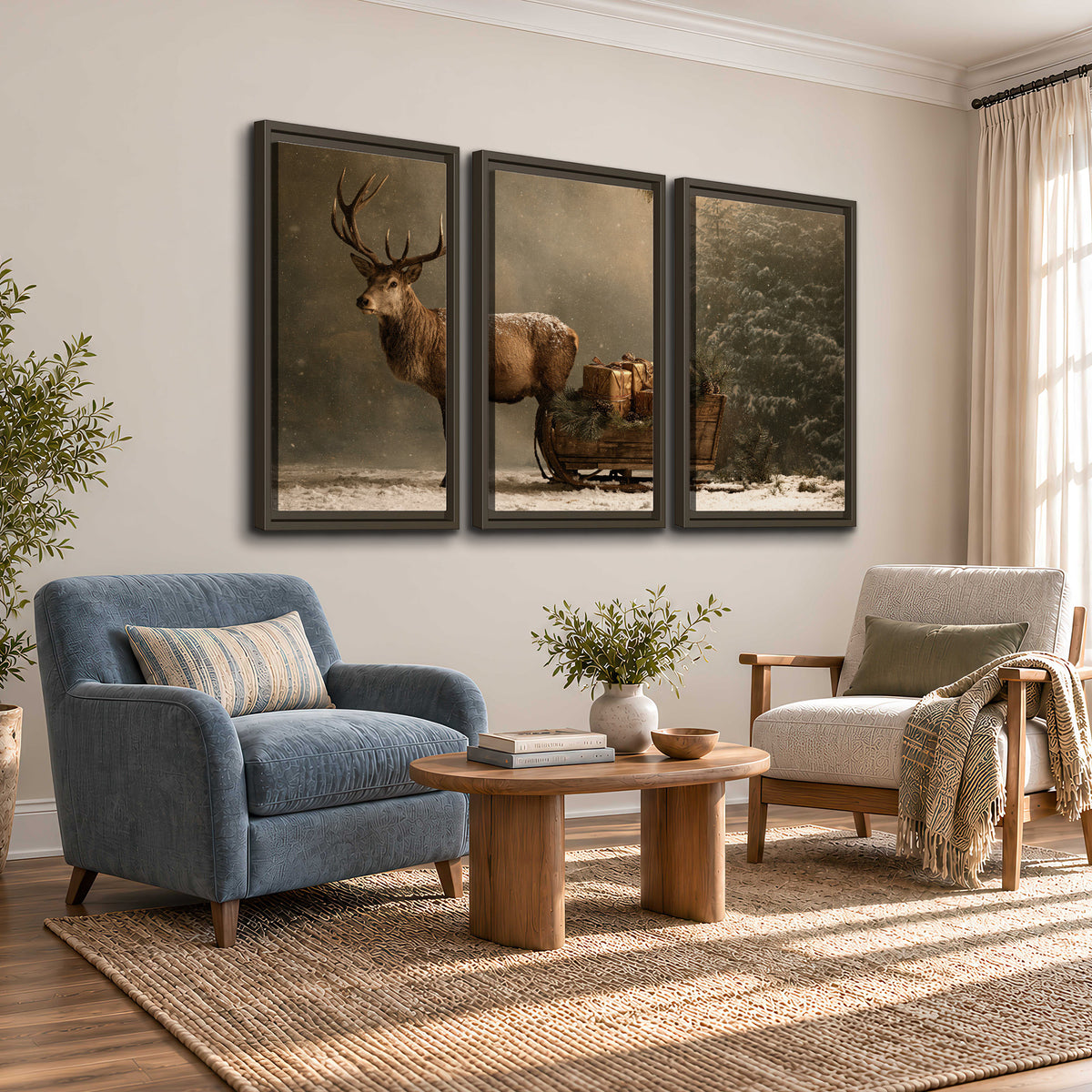 A stag beside a rustic gift-filled sleigh in a misty evergreen woodland 3 piece framed canvas wall art styled in an interior