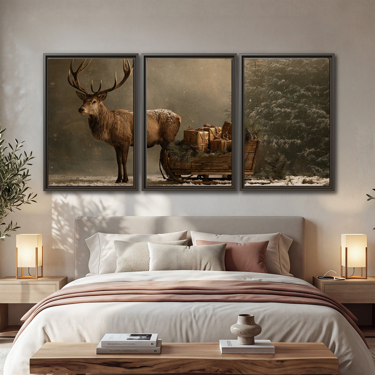 A stag beside a rustic gift-filled sleigh in a misty evergreen woodland 3 piece framed canvas wall art displayed in a bedroom