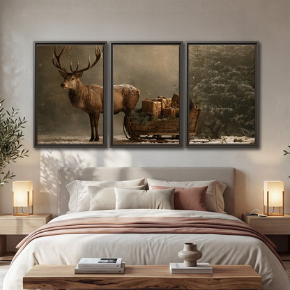 A stag beside a rustic gift-filled sleigh in a misty evergreen woodland 3 piece framed canvas wall art displayed in a bedroom