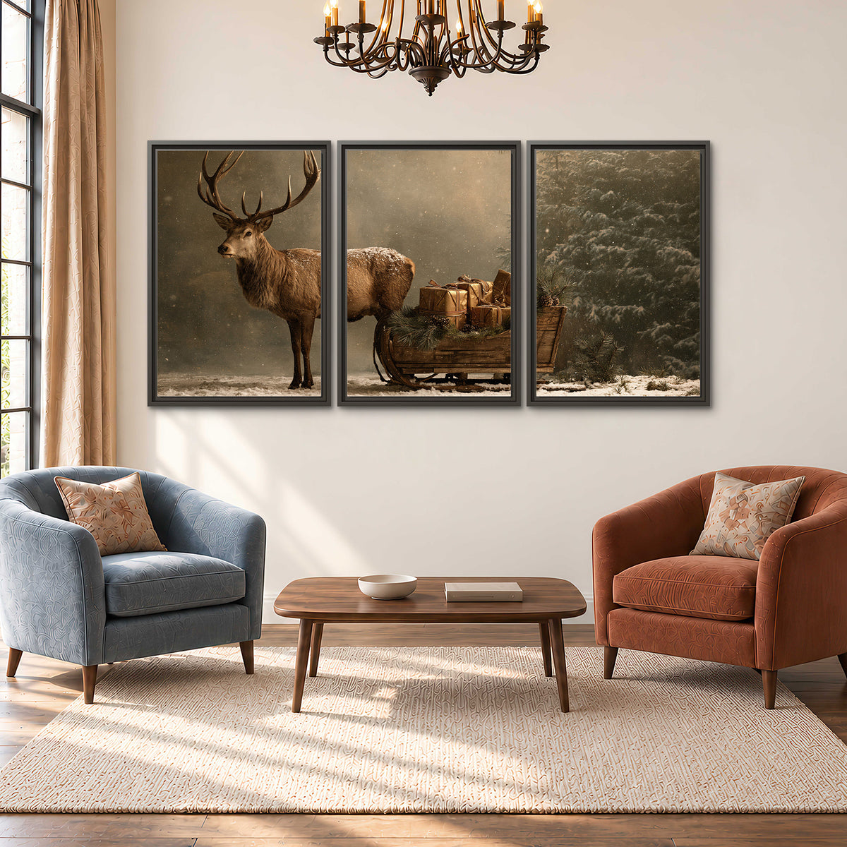 A stag beside a rustic gift-filled sleigh in a misty evergreen woodland 3 piece framed canvas wall art styled in an interior