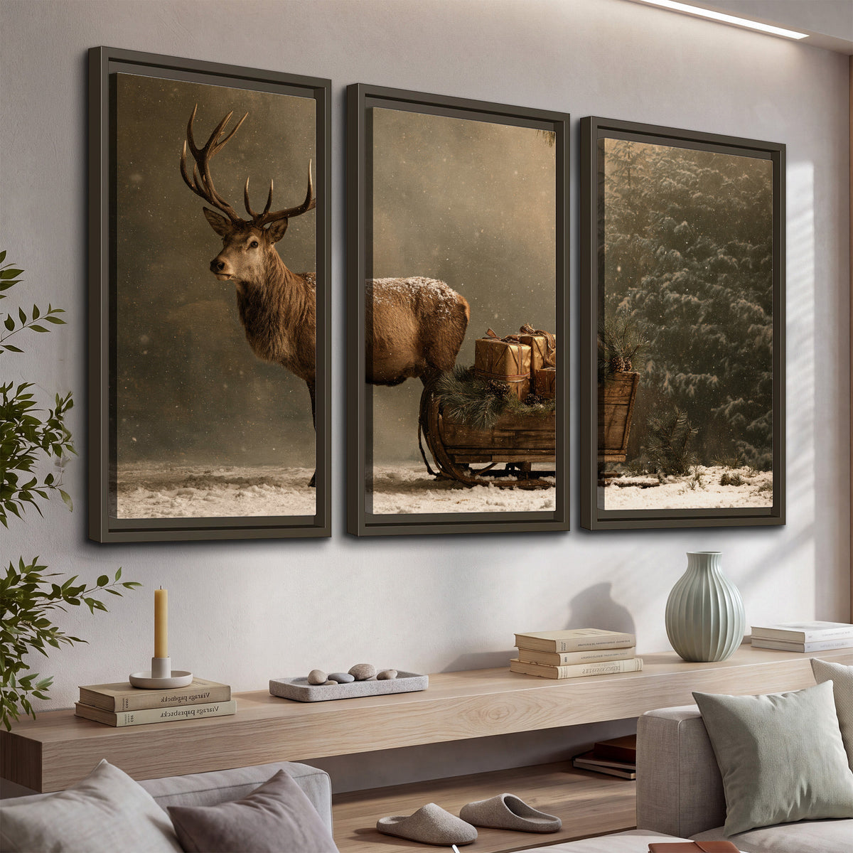 A stag beside a rustic gift-filled sleigh in a misty evergreen woodland 3 piece framed canvas wall art displayed in a console