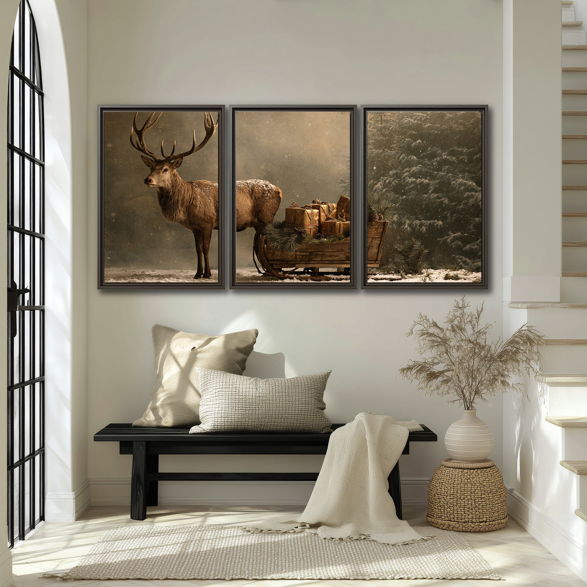 A stag beside a rustic gift-filled sleigh in a misty evergreen woodland 3 piece framed canvas wall art displayed in a entryway