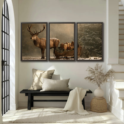 A stag beside a rustic gift-filled sleigh in a misty evergreen woodland 3 piece framed canvas wall art displayed in a entryway