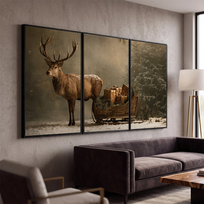 A stag beside a rustic gift-filled sleigh in a misty evergreen woodland 3 piece framed canvas wall art displayed in a modern living room