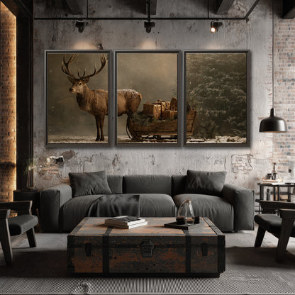 A stag beside a rustic gift-filled sleigh in a misty evergreen woodland 3 piece framed canvas wall art displayed in a industrial room