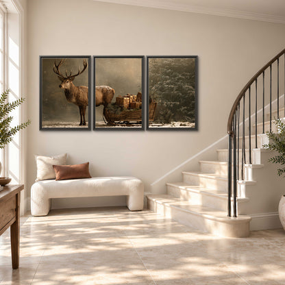A stag beside a rustic gift-filled sleigh in a misty evergreen woodland 3 piece framed canvas wall art styled in an interior