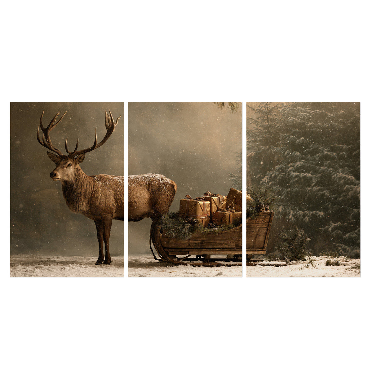 A stag beside a rustic gift-filled sleigh in a misty evergreen woodland set of 3 poster prints viewed straight on
