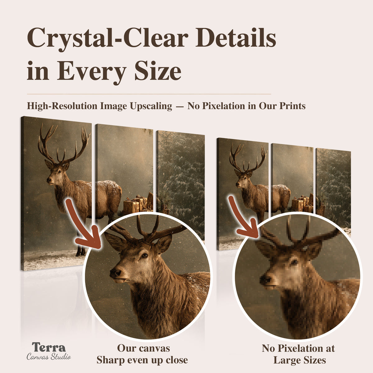 A stag beside a rustic gift-filled sleigh in a misty evergreen woodland artwork quality information