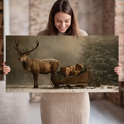 A stag beside a rustic gift-filled sleigh in a misty evergreen woodland single canvas wall art held in hands