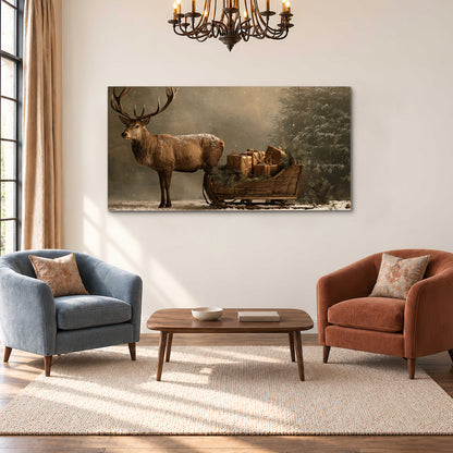 A stag beside a rustic gift-filled sleigh in a misty evergreen woodland single canvas wall art styled in an interior