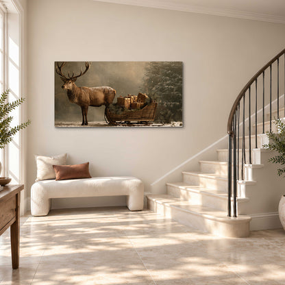 A stag beside a rustic gift-filled sleigh in a misty evergreen woodland single canvas wall art styled in an interior