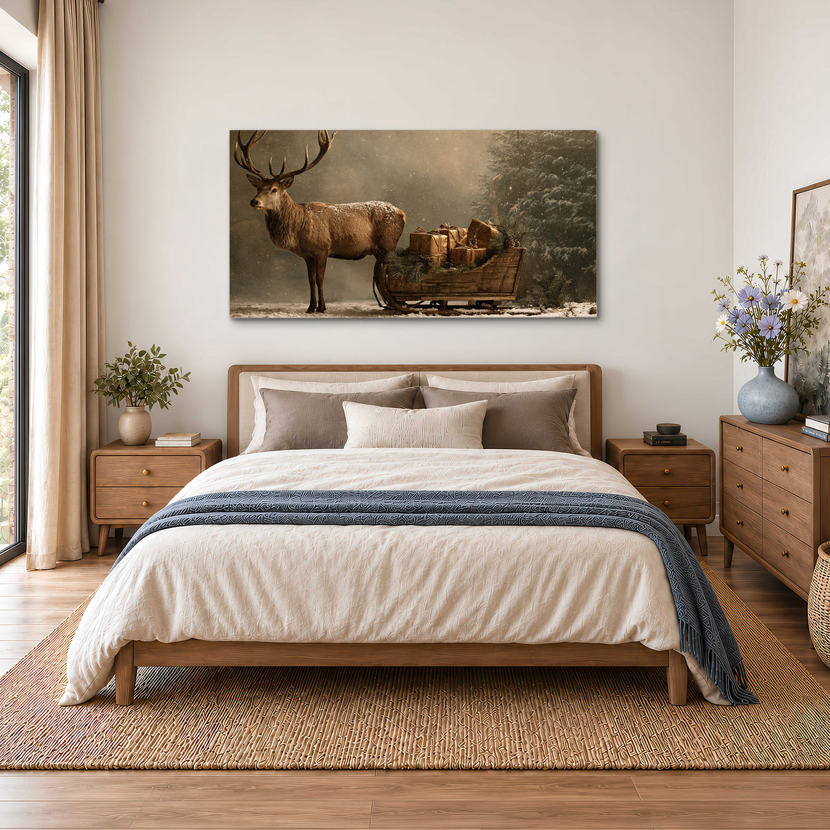 A stag beside a rustic gift-filled sleigh in a misty evergreen woodland single canvas wall art styled in an interior