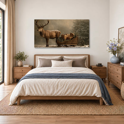 A stag beside a rustic gift-filled sleigh in a misty evergreen woodland single canvas wall art styled in an interior