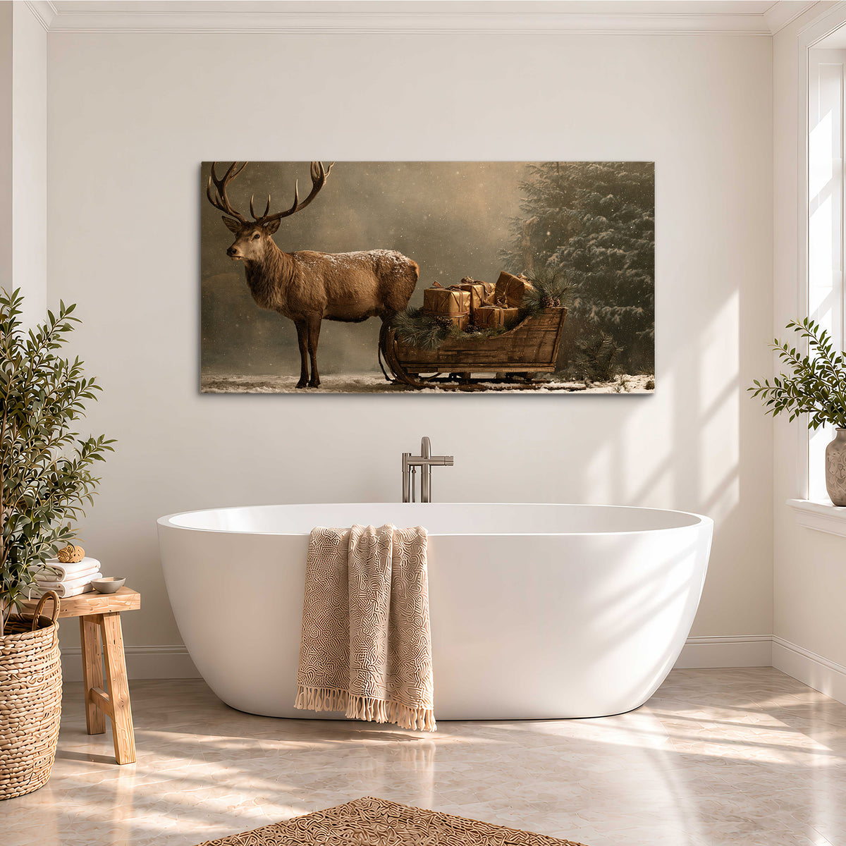 A stag beside a rustic gift-filled sleigh in a misty evergreen woodland single canvas wall art styled in an interior