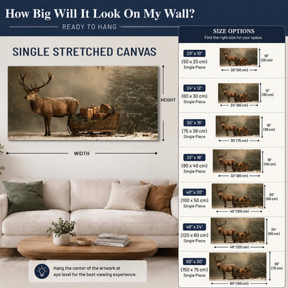 A stag beside a rustic gift-filled sleigh in a misty evergreen woodland single canvas wall art size guide above a sofa; room view is illustrative