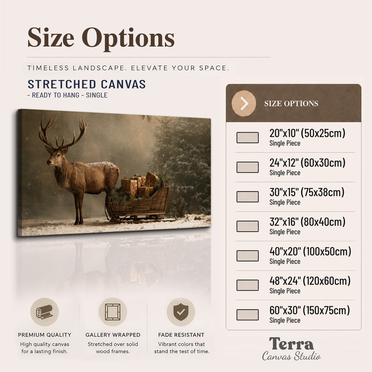 A stag beside a rustic gift-filled sleigh in a misty evergreen woodland single canvas wall art available dimensions