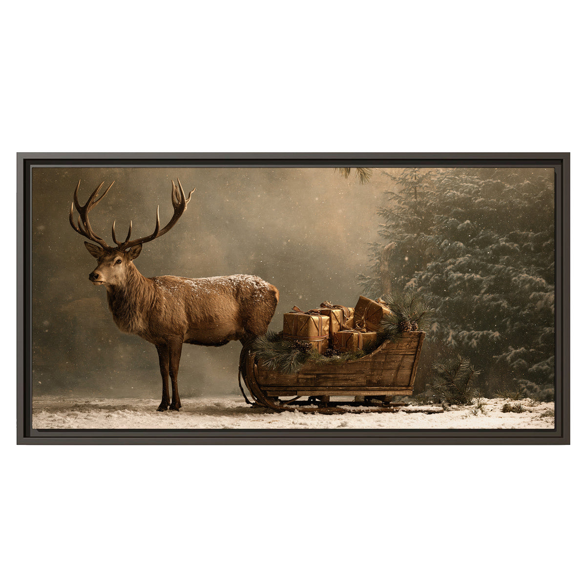 A stag beside a rustic gift-filled sleigh in a misty evergreen woodland single framed canvas wall art viewed straight on