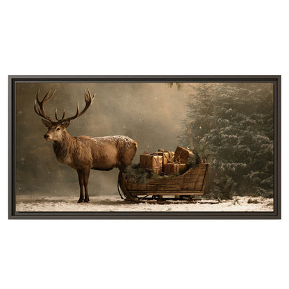 A stag beside a rustic gift-filled sleigh in a misty evergreen woodland single framed canvas wall art viewed straight on