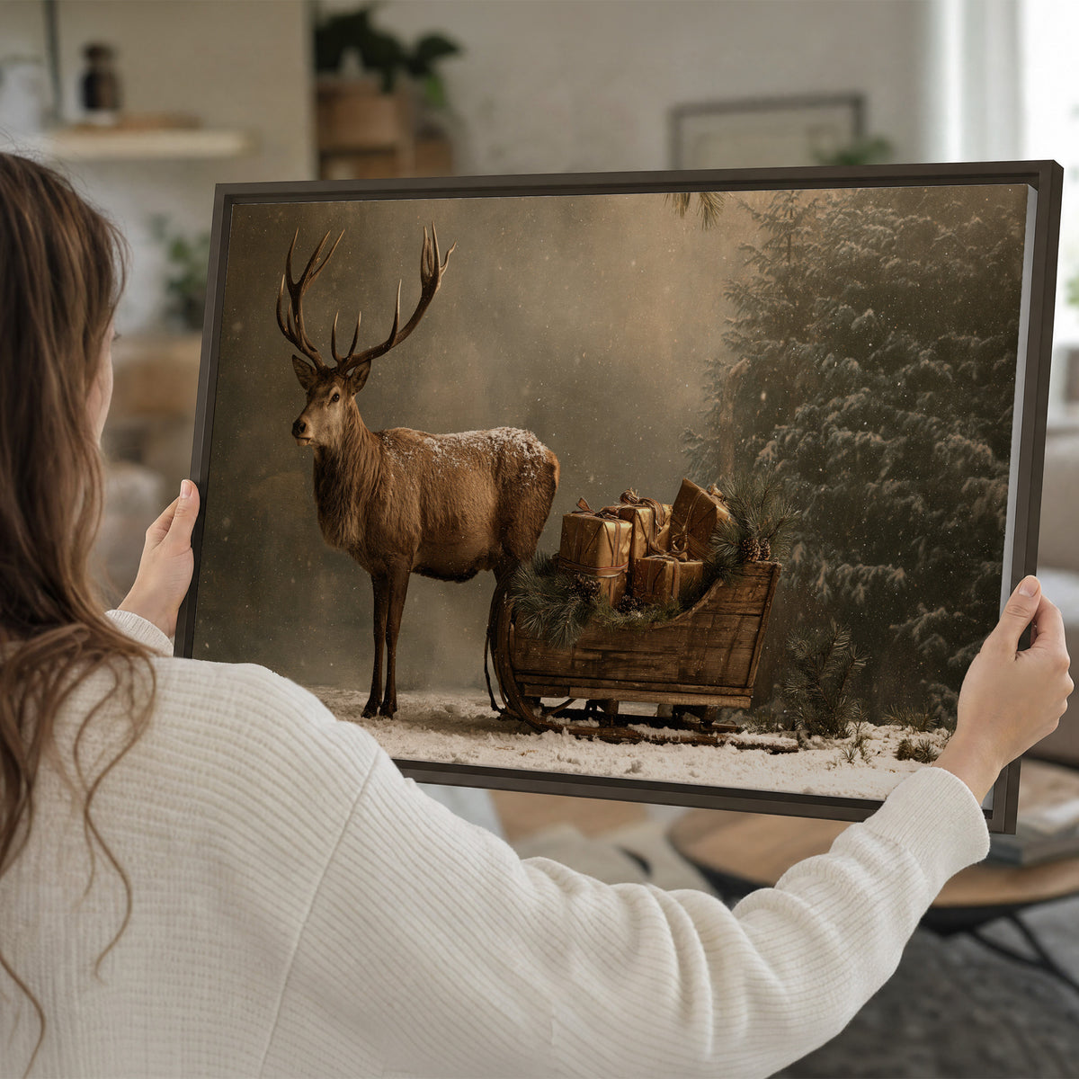 A stag beside a rustic gift-filled sleigh in a misty evergreen woodland single framed canvas wall art held in hands