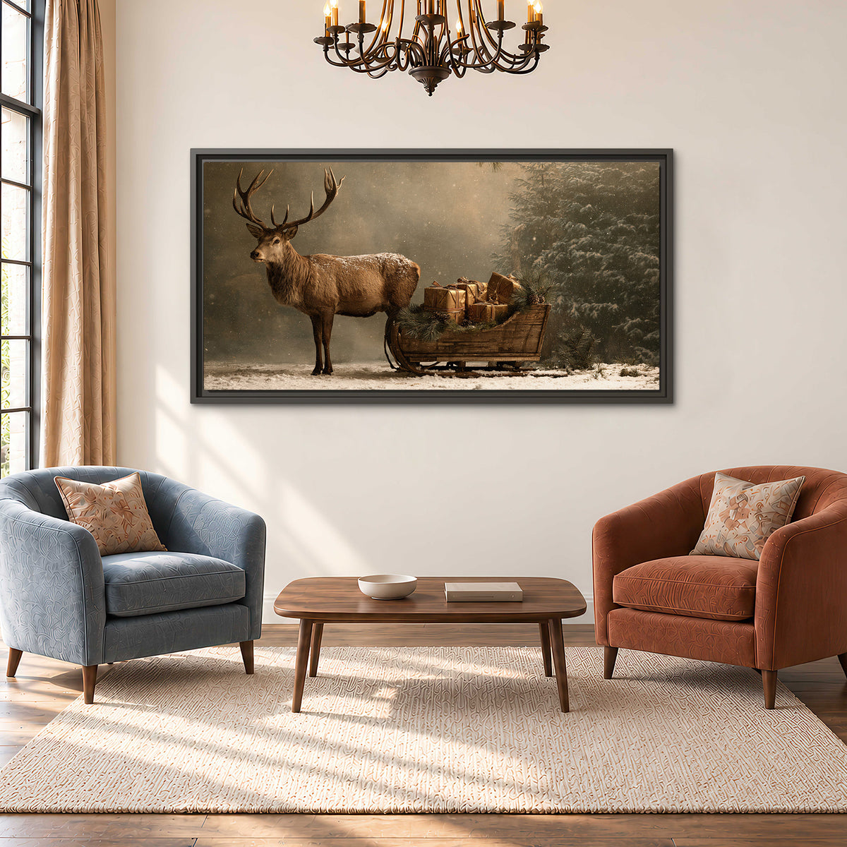 A stag beside a rustic gift-filled sleigh in a misty evergreen woodland single framed canvas wall art styled in an interior