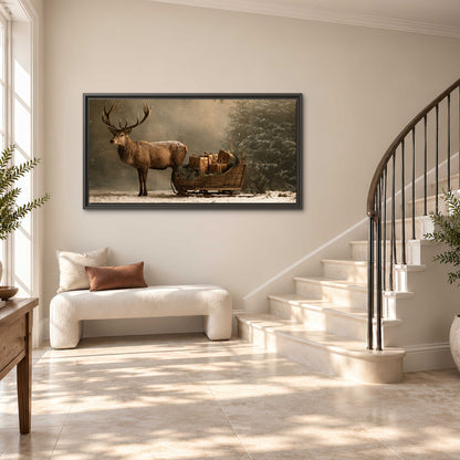 A stag beside a rustic gift-filled sleigh in a misty evergreen woodland single framed canvas wall art styled in an interior