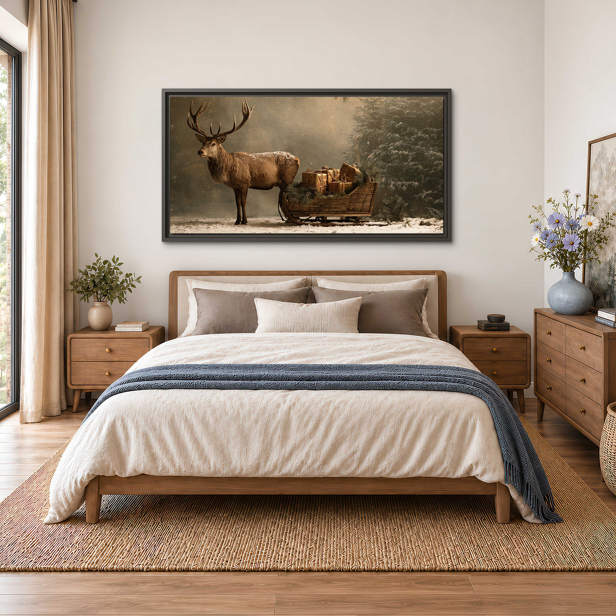 A stag beside a rustic gift-filled sleigh in a misty evergreen woodland single framed canvas wall art styled in an interior
