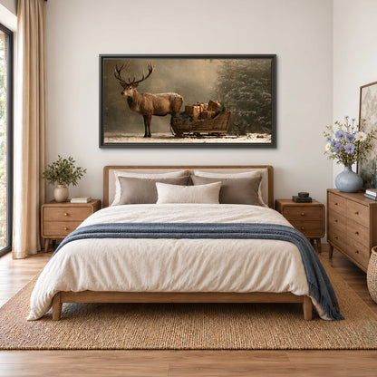 A stag beside a rustic gift-filled sleigh in a misty evergreen woodland single framed canvas wall art styled in an interior