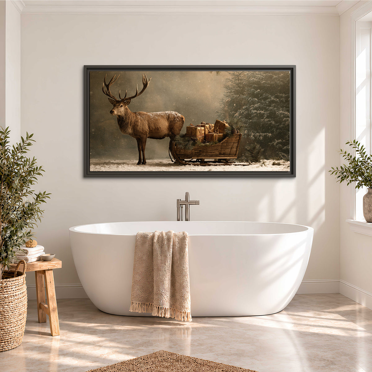 A stag beside a rustic gift-filled sleigh in a misty evergreen woodland single framed canvas wall art styled in an interior