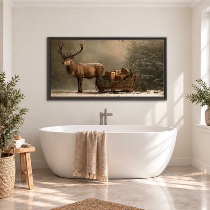 A stag beside a rustic gift-filled sleigh in a misty evergreen woodland single framed canvas wall art styled in an interior