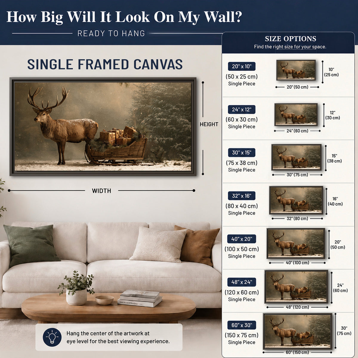 A stag beside a rustic gift-filled sleigh in a misty evergreen woodland single framed canvas wall art size guide above a sofa; room view is illustrative