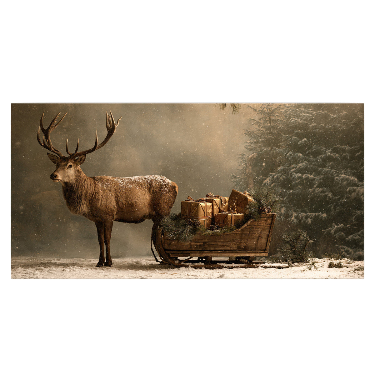 A stag beside a rustic gift-filled sleigh in a misty evergreen woodland single poster print viewed straight on