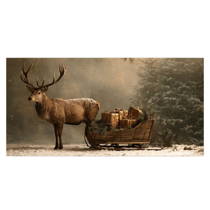 A stag beside a rustic gift-filled sleigh in a misty evergreen woodland single poster print viewed straight on