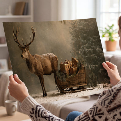 A stag beside a rustic gift-filled sleigh in a misty evergreen woodland single poster print held in hands