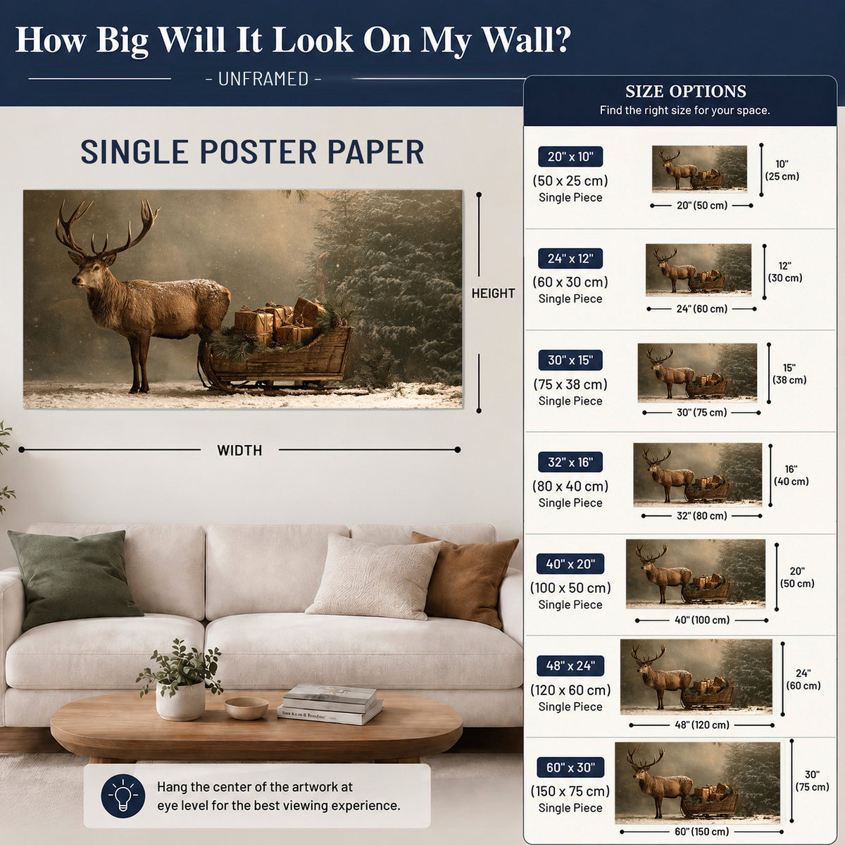 A stag beside a rustic gift-filled sleigh in a misty evergreen woodland single poster print size guide above a sofa; room view is illustrative