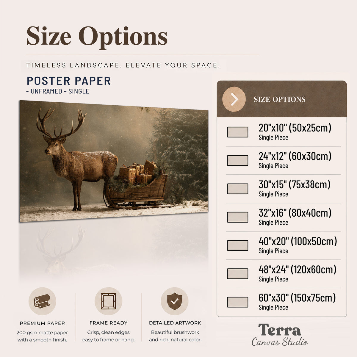 A stag beside a rustic gift-filled sleigh in a misty evergreen woodland single poster print available dimensions