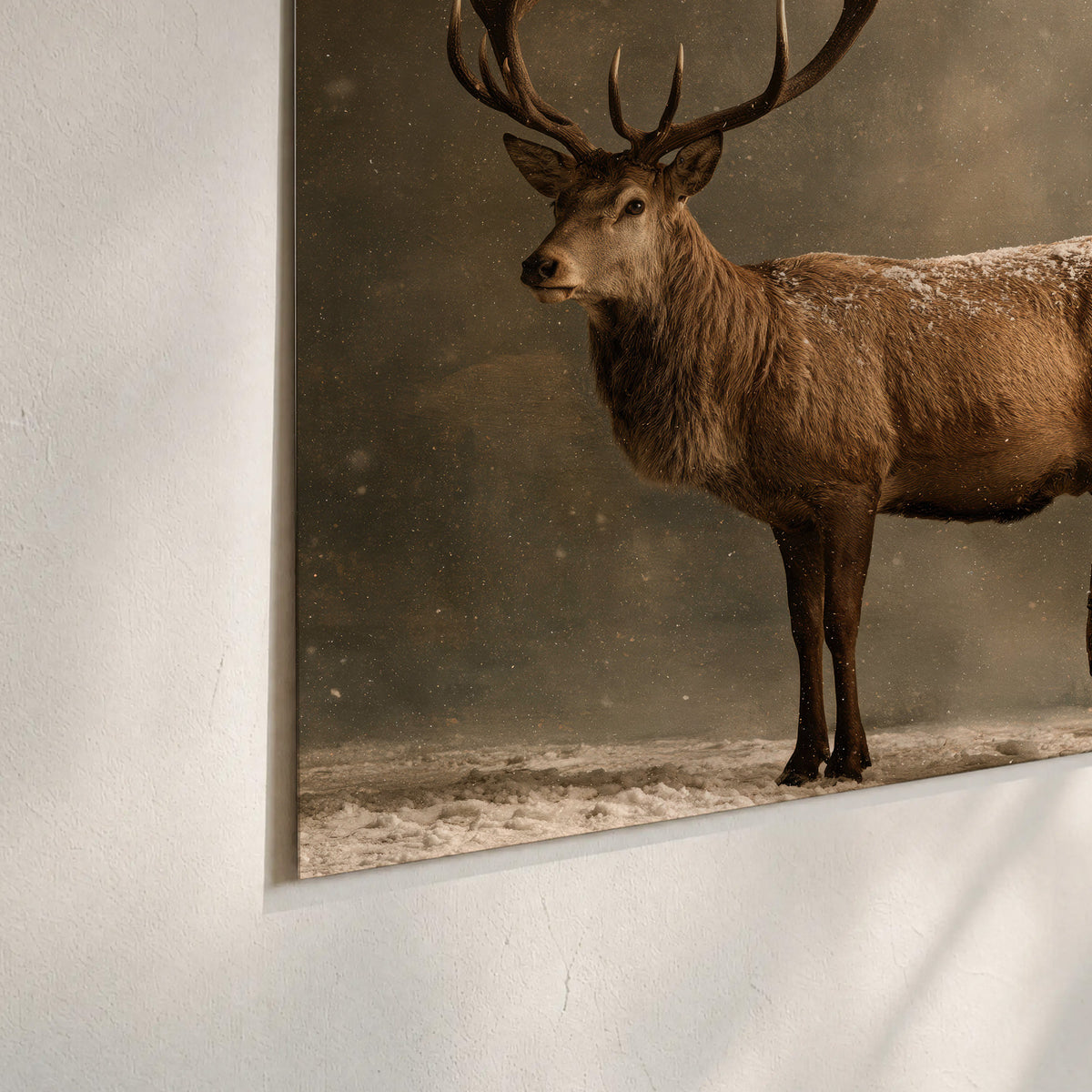 A stag beside a rustic gift-filled sleigh in a misty evergreen woodland set of 3 poster prints material and edge close up