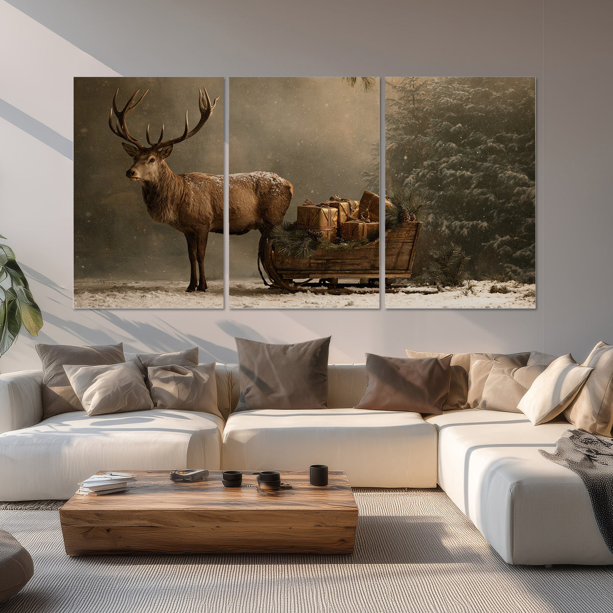 A stag beside a rustic gift-filled sleigh in a misty evergreen woodland set of 3 poster prints displayed in a living room