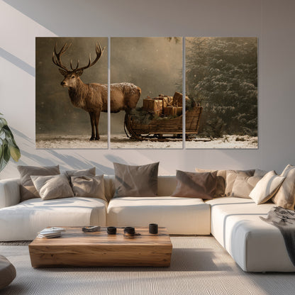 A stag beside a rustic gift-filled sleigh in a misty evergreen woodland set of 3 poster prints displayed in a living room