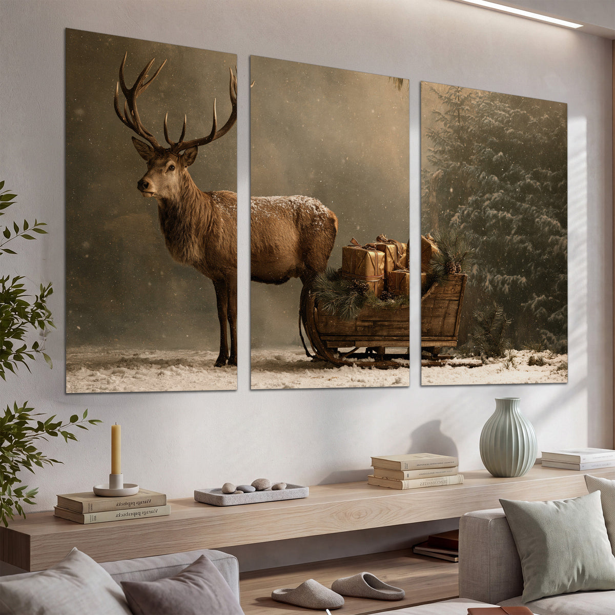A stag beside a rustic gift-filled sleigh in a misty evergreen woodland set of 3 poster prints displayed in a console