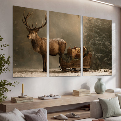 A stag beside a rustic gift-filled sleigh in a misty evergreen woodland set of 3 poster prints displayed in a console