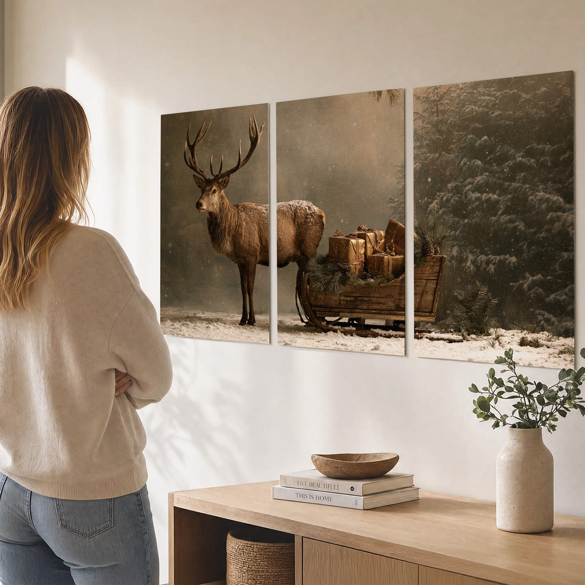 A stag beside a rustic gift-filled sleigh in a misty evergreen woodland set of 3 poster prints three panel arrangement on a wall