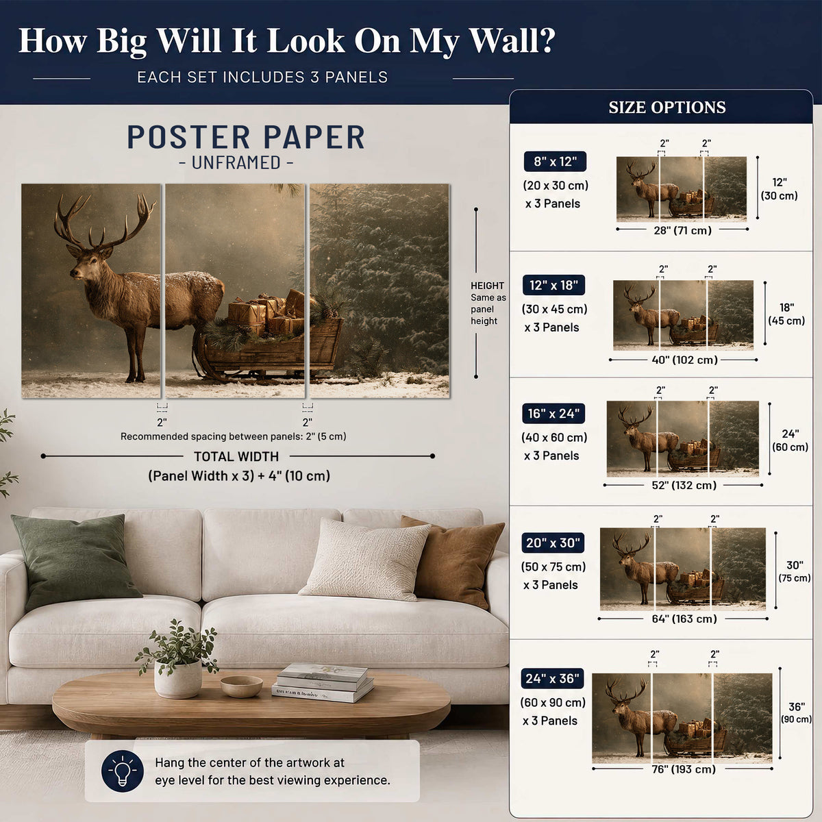 A stag beside a rustic gift-filled sleigh in a misty evergreen woodland set of 3 poster prints size guide above a sofa; room view is illustrative