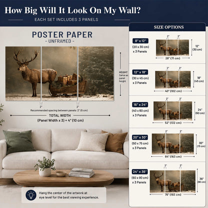 A stag beside a rustic gift-filled sleigh in a misty evergreen woodland set of 3 poster prints size guide above a sofa; room view is illustrative