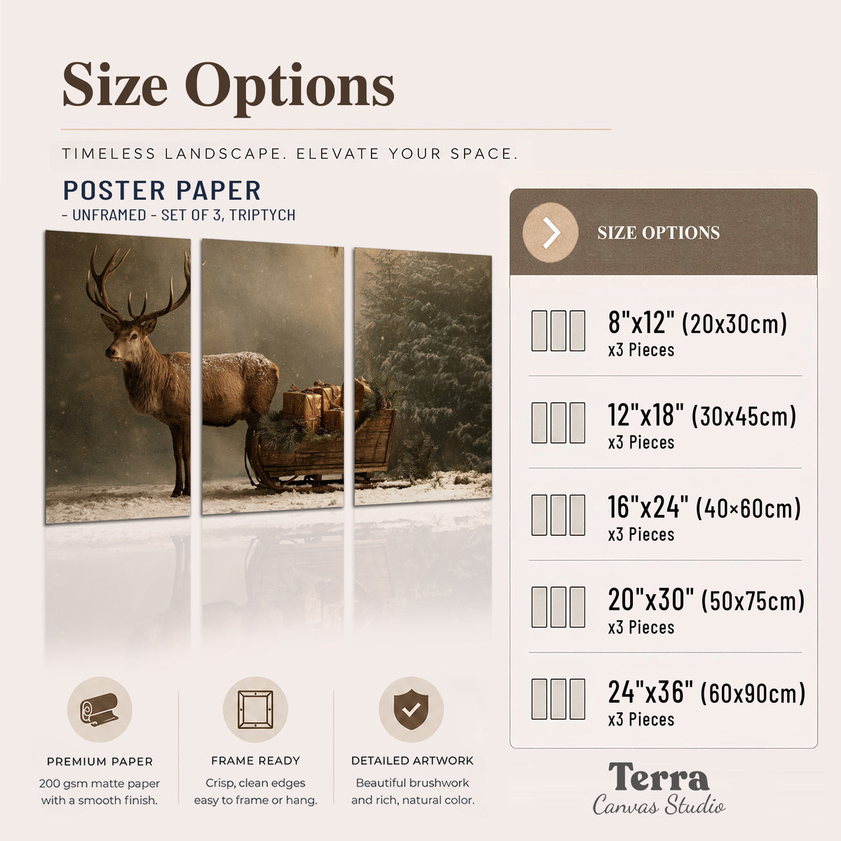 A stag beside a rustic gift-filled sleigh in a misty evergreen woodland set of 3 poster prints available dimensions; triptych dimensions are per panel