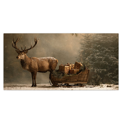 A stag beside a rustic gift-filled sleigh in a misty evergreen woodland single canvas wall art viewed straight on